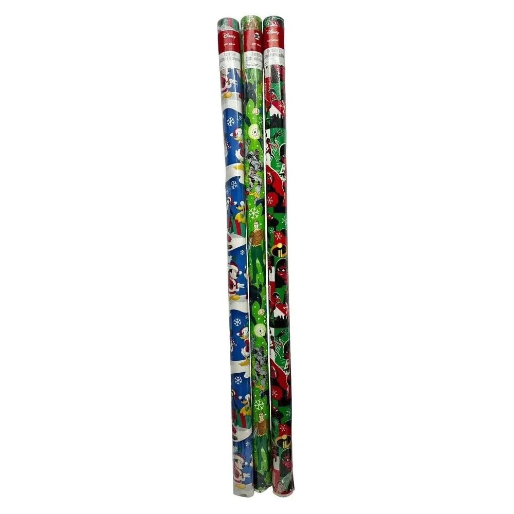 Lot Of 3 Christmas Wrapping‎ Paper-2 Disney & 1 DC Super Heroes 70 SQ Feet